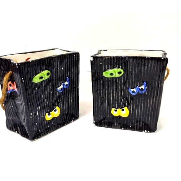Pair Ceramic Halloween Bags Rope Handle Happy Ghost Bats Jay Imports VTG - Picture 3 of 9